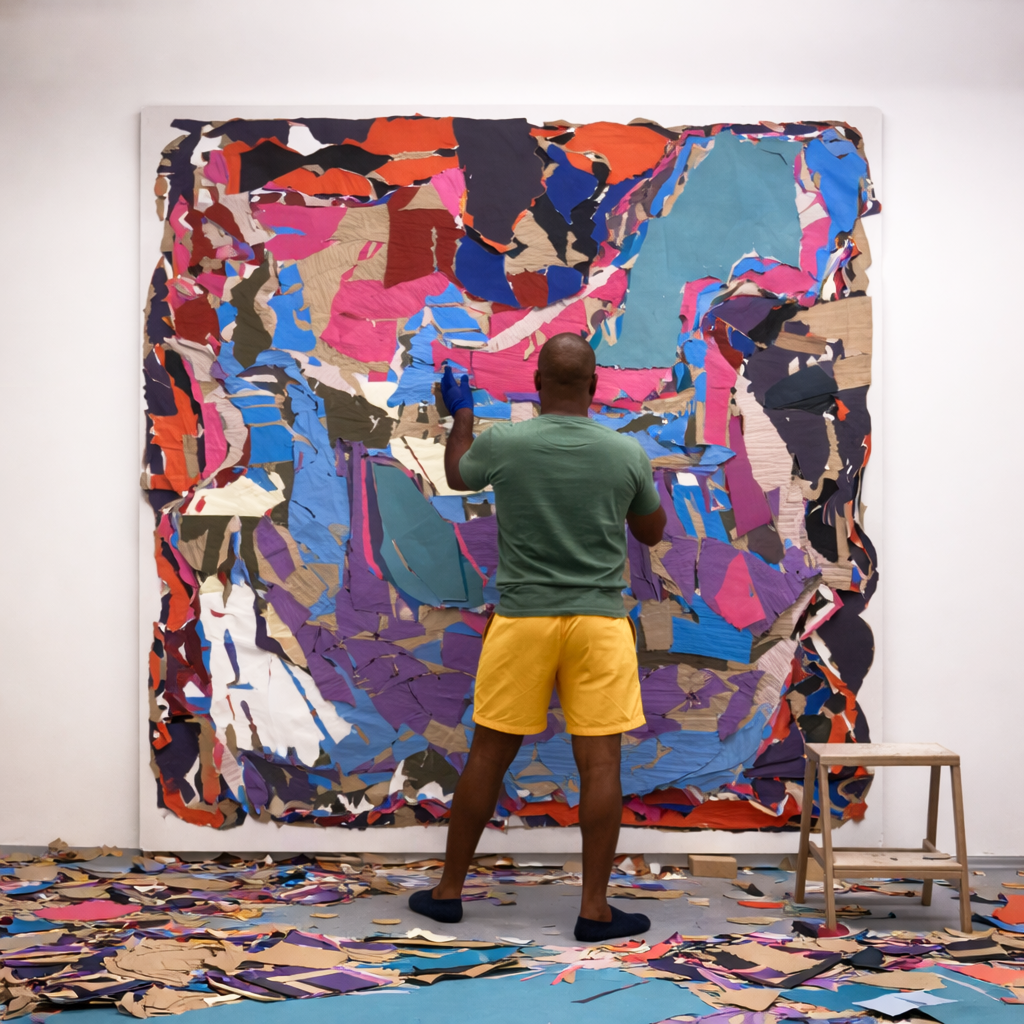 Homem de costas fazendo colagem